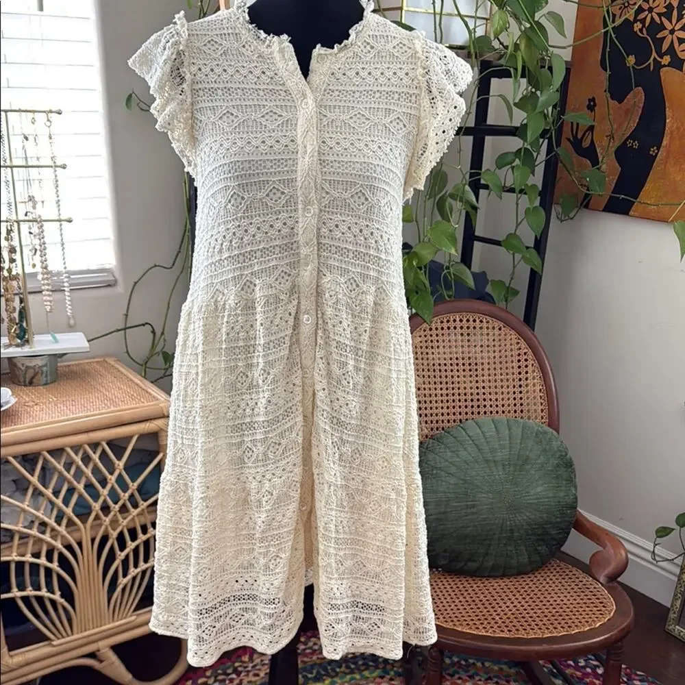 Carly Jean Los Angeles Lainey Cream Lace Button Up Cap Sleeve Mini Dress - Picture 1 of 5